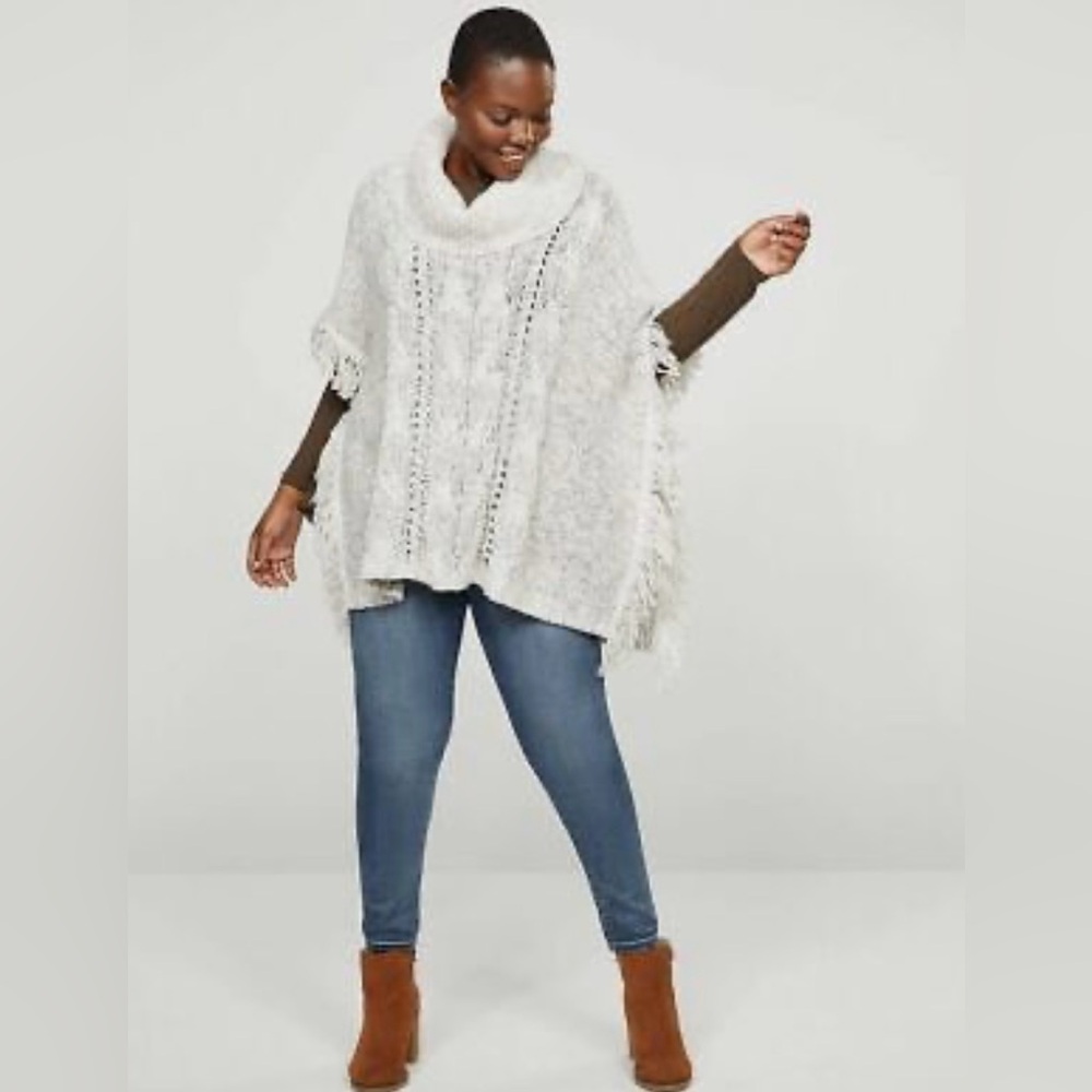 Lane Bryant-White + Gray Cowl neck chunky knit fringe neutral sweater/poncho. 20